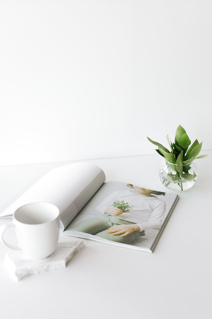 magazine with cup and leaves in vase